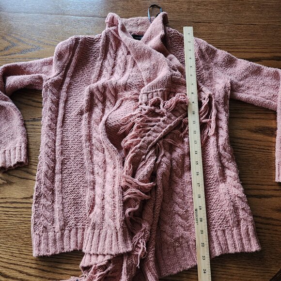 Forever 21 Apricot Orange Boho Fringe Shawl Cable Knit Cardigan Sweater Small - Picture 7 of 7